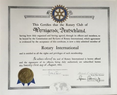 Charterurkunde des Rotary Clubs Wernigerode